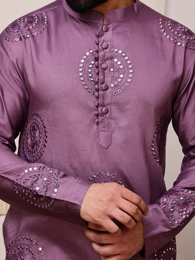 Wine Embroidered Kurta with Thread and Mirror Work