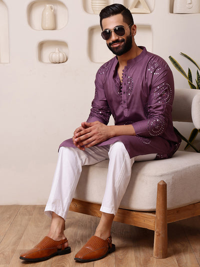 Wine Embroidered Kurta with Thread and Mirror Work
