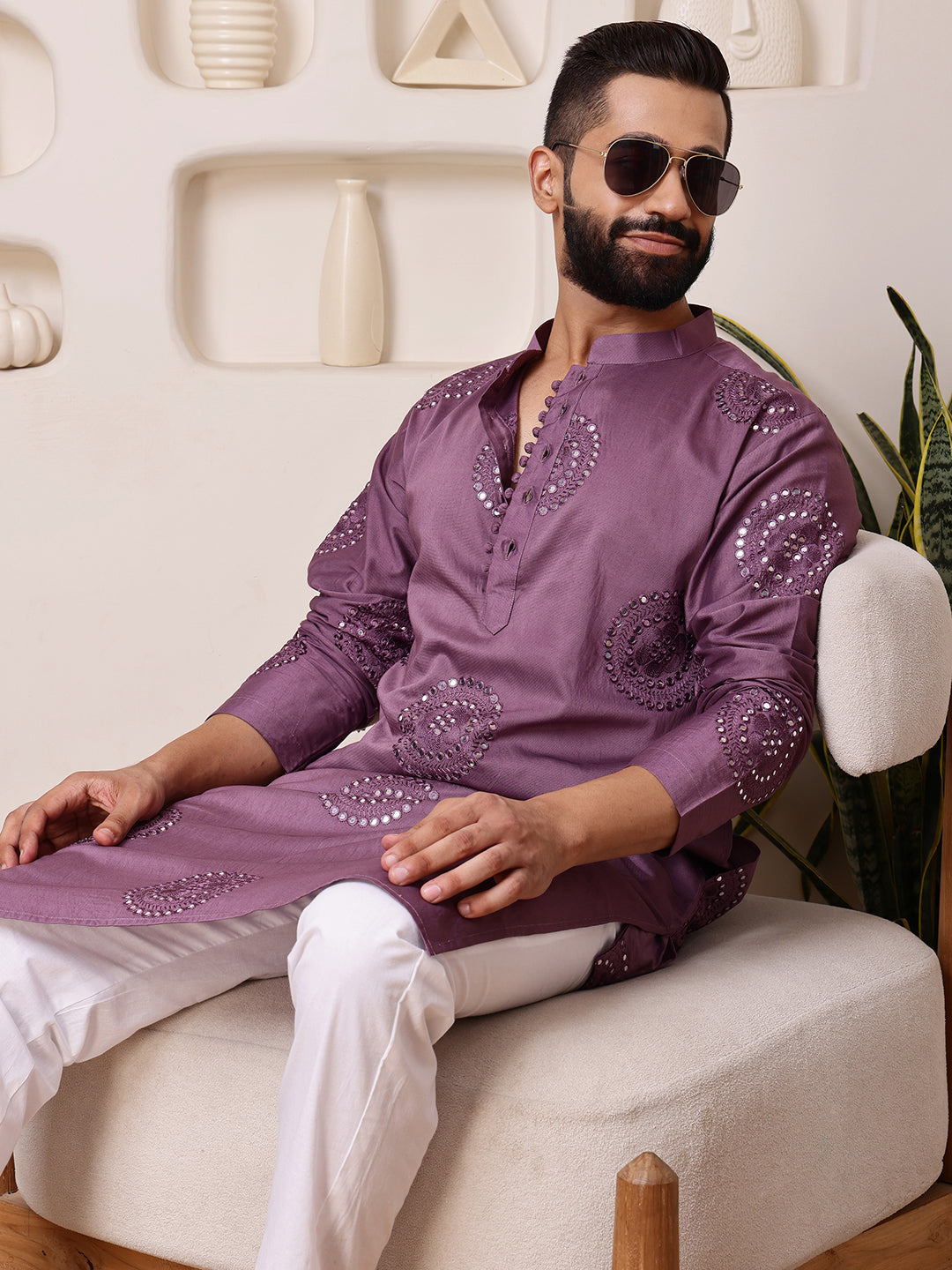 Wine Embroidered Kurta with Thread and Mirror Work
