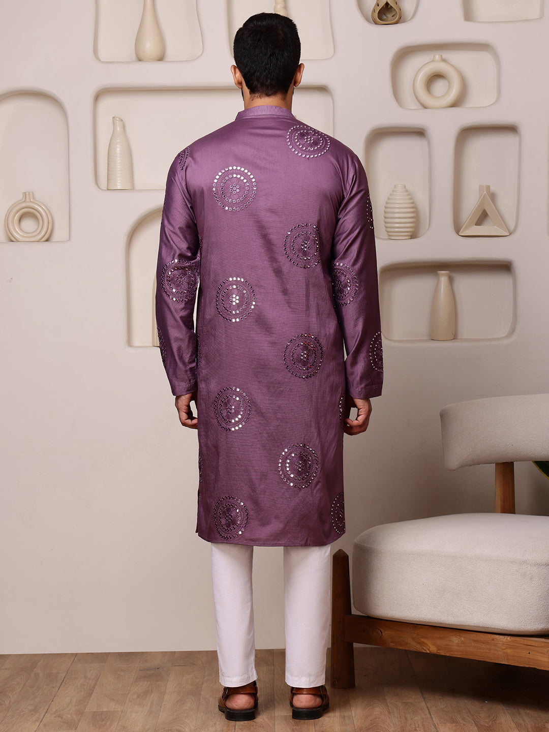 Wine Embroidered Kurta with Thread and Mirror Work