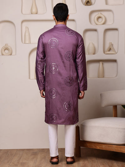 Wine Embroidered Kurta with Thread and Mirror Work