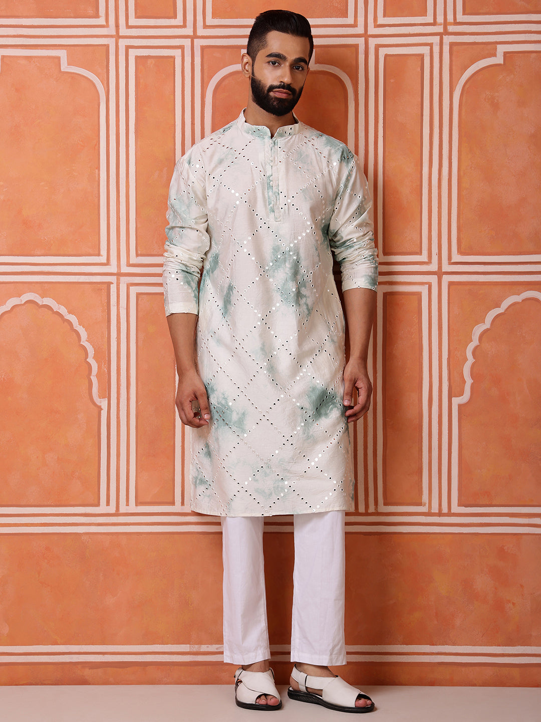 Green Abstract Kurta with Tie-Dye and Mirror Work