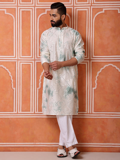 Green Abstract Kurta with Tie-Dye and Mirror Work