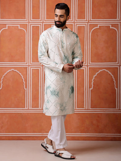 Green Abstract Kurta with Tie-Dye and Mirror Work