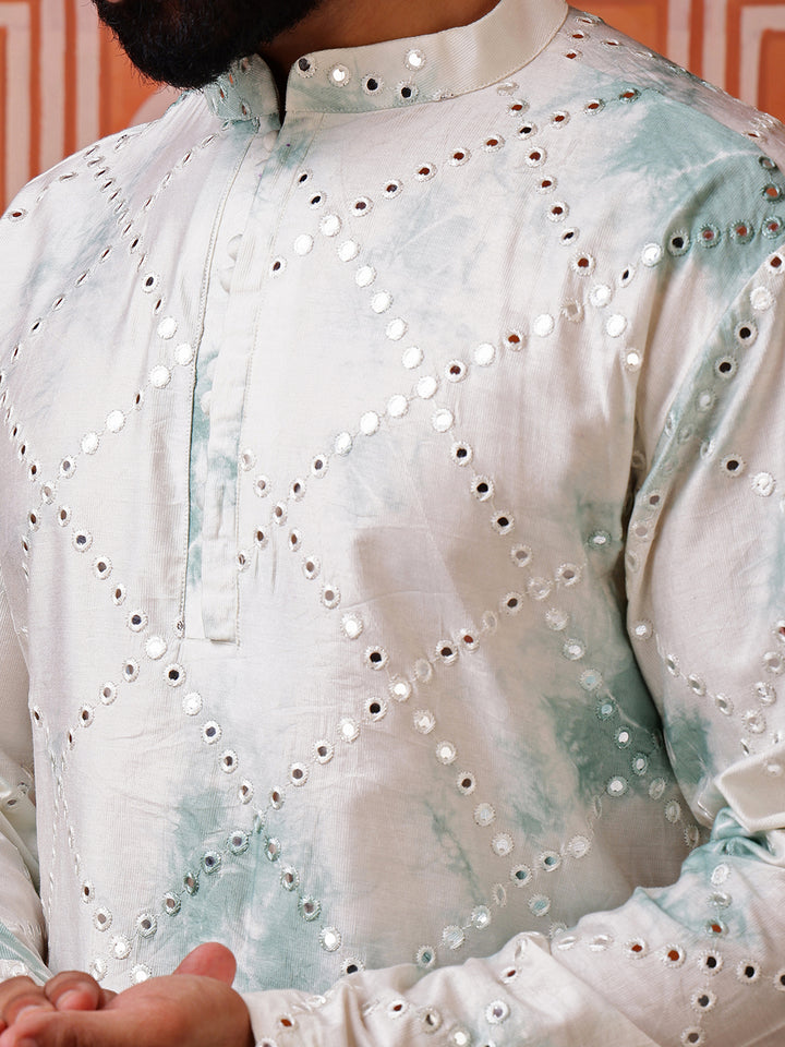 Green Abstract Kurta with Tie-Dye and Mirror Work