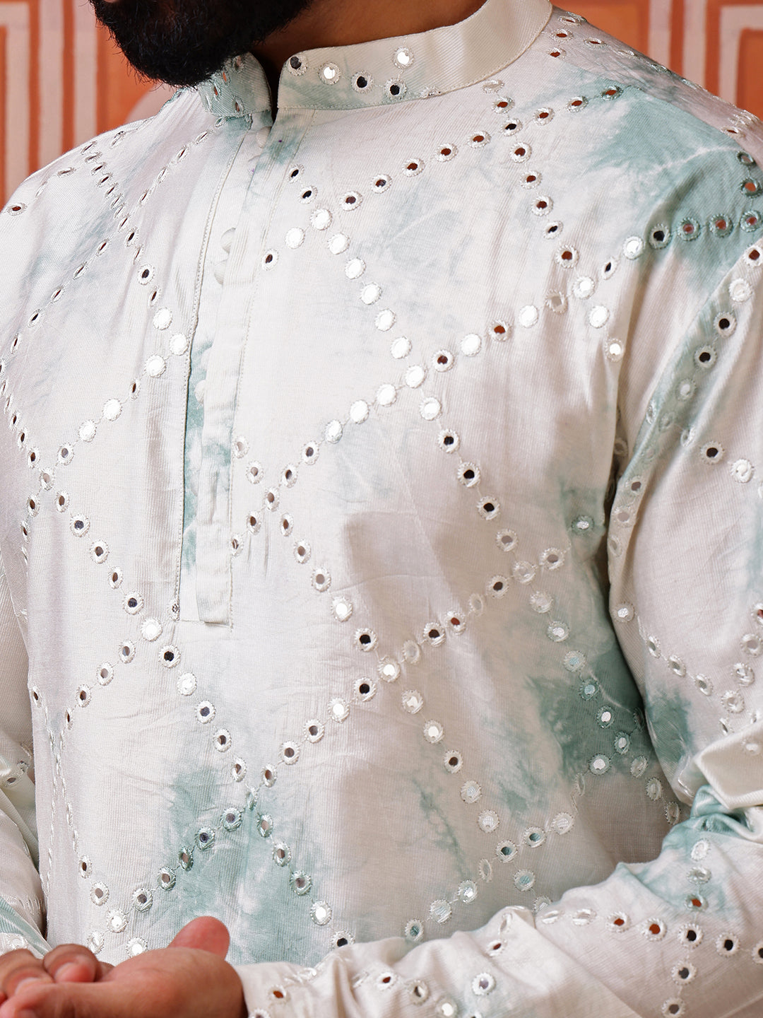 Green Abstract Kurta with Tie-Dye and Mirror Work