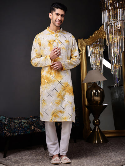 Yellow Abstract Kurta with Tie-Dye and Mirror Work