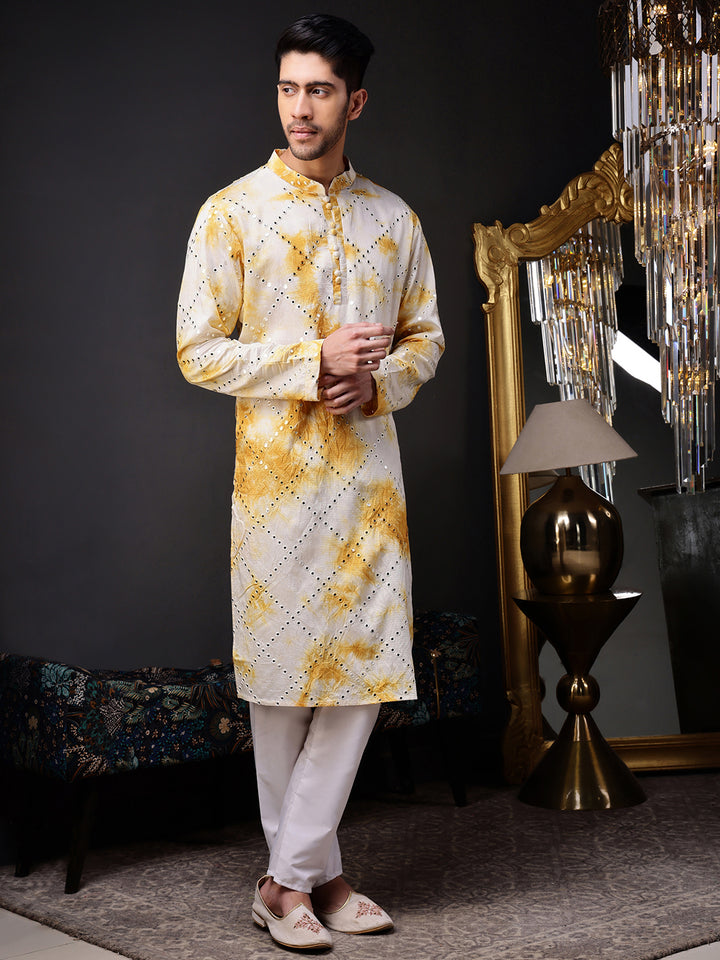 Yellow Abstract Kurta with Tie-Dye and Mirror Work
