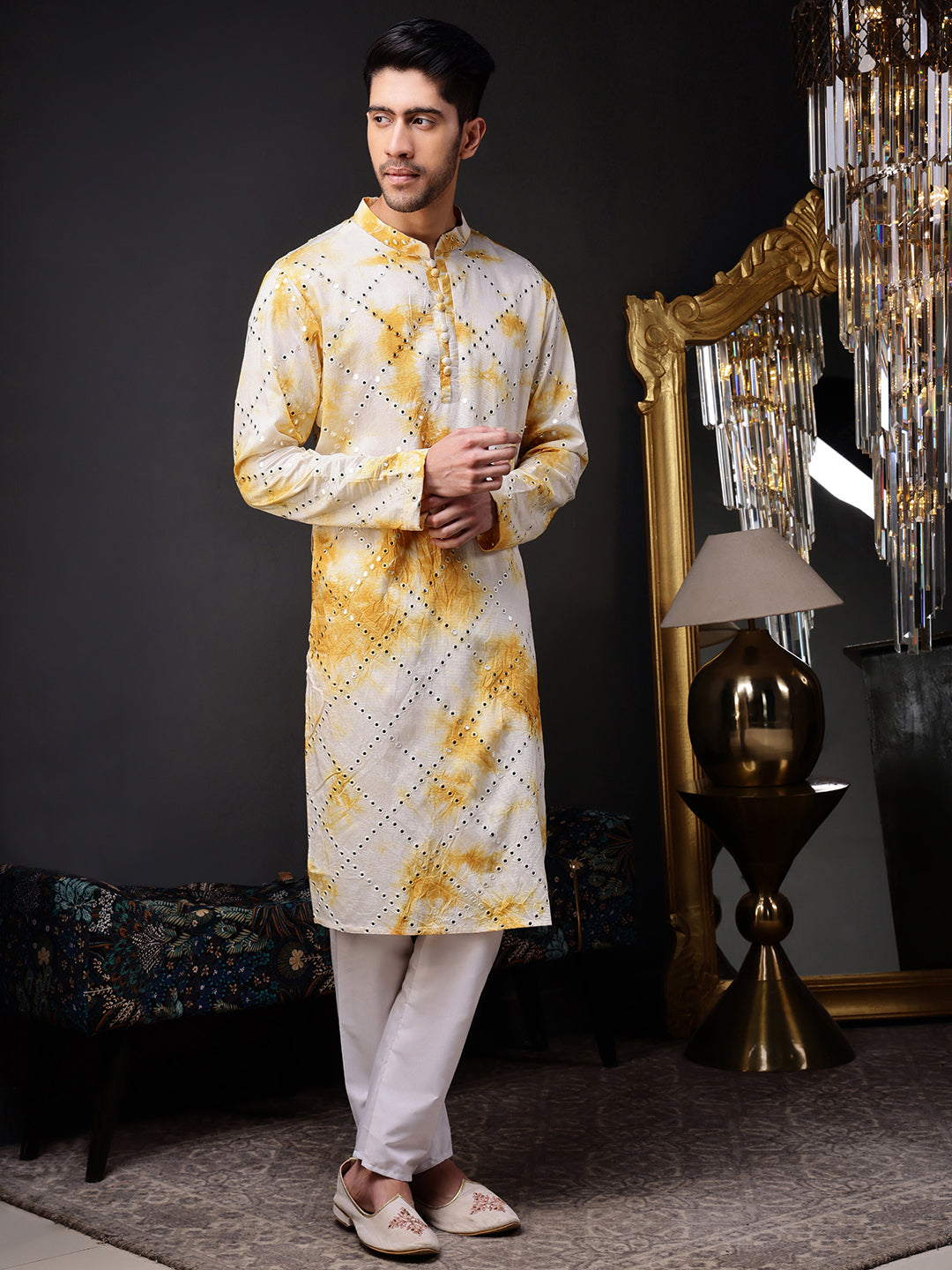 Yellow Abstract Kurta with Tie-Dye and Mirror Work