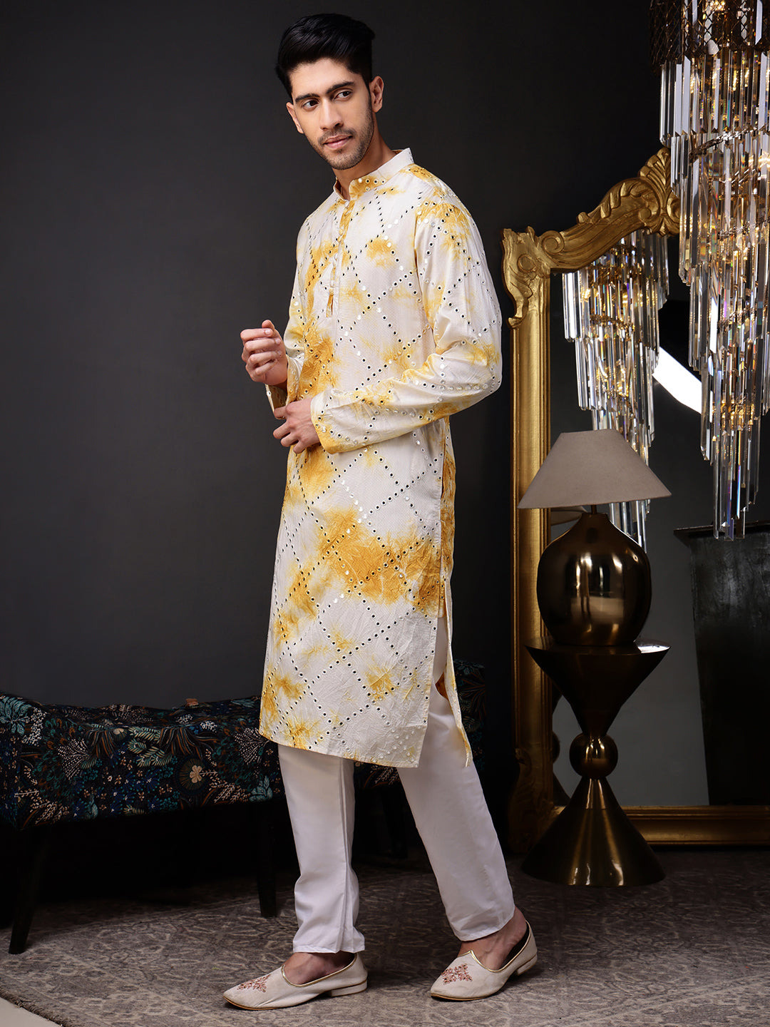 Yellow Abstract Kurta with Tie-Dye and Mirror Work