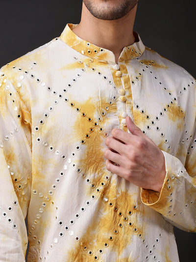 Yellow Abstract Kurta with Tie-Dye and Mirror Work