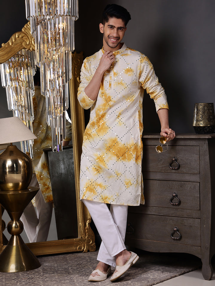 Yellow Abstract Kurta with Tie-Dye and Mirror Work