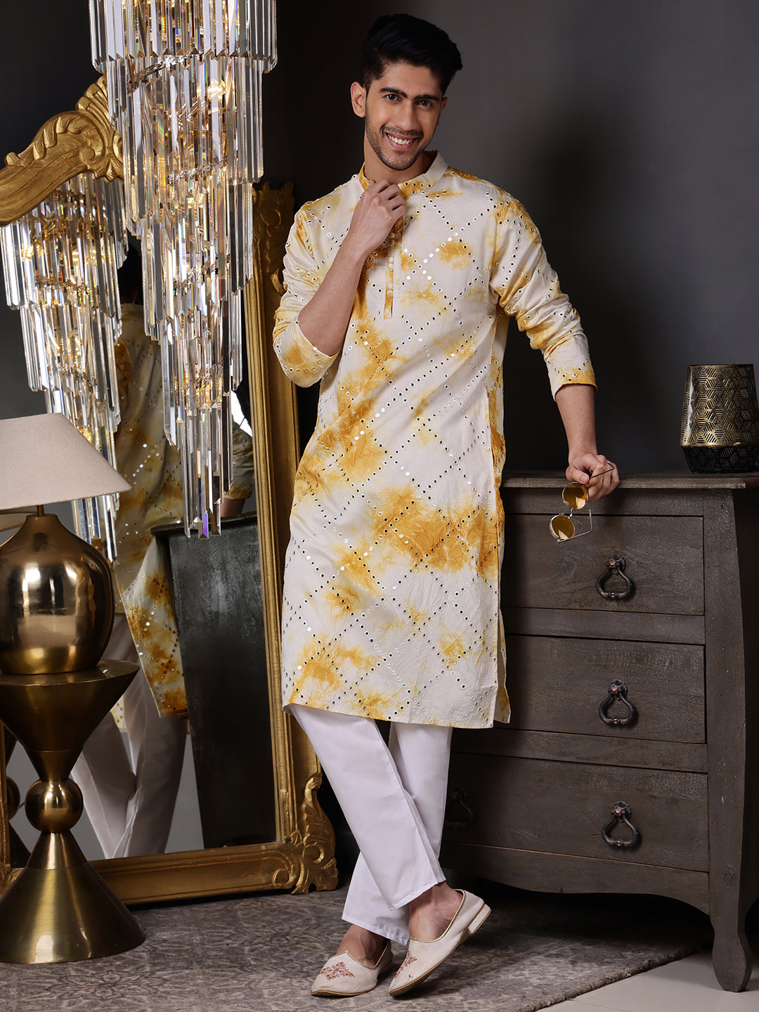 Yellow Abstract Kurta with Tie-Dye and Mirror Work