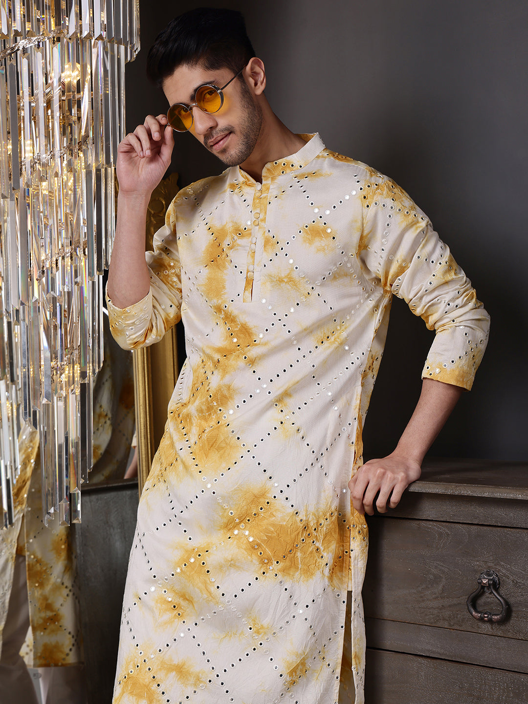 Yellow Abstract Kurta with Tie-Dye and Mirror Work
