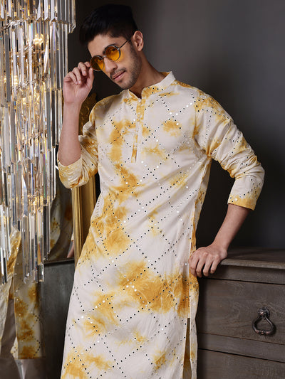 Yellow Abstract Kurta with Tie-Dye and Mirror Work