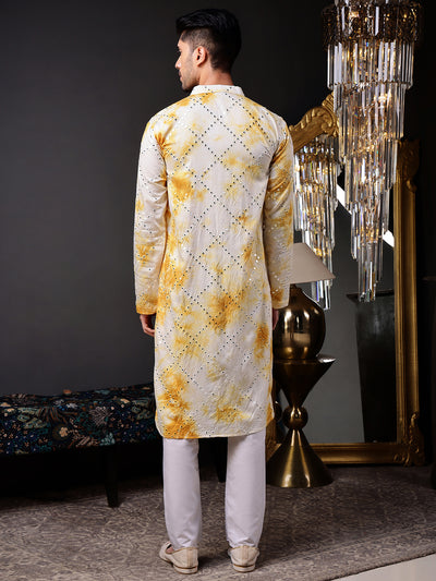 Yellow Abstract Kurta with Tie-Dye and Mirror Work