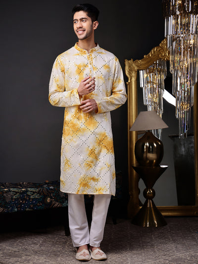 Yellow Abstract Kurta with Tie-Dye and Mirror Work