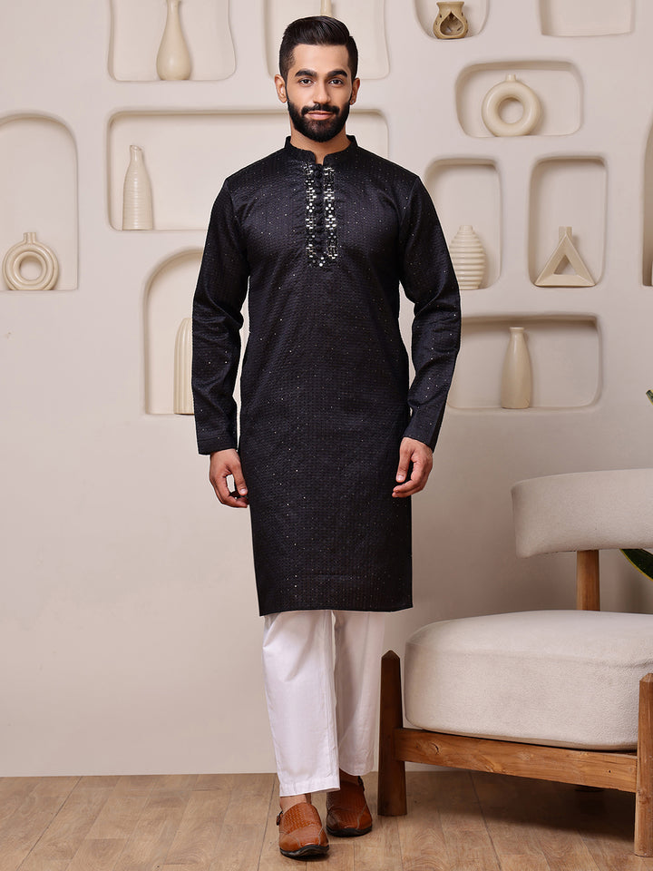 Black Jacquard Kurta with Mirror Work