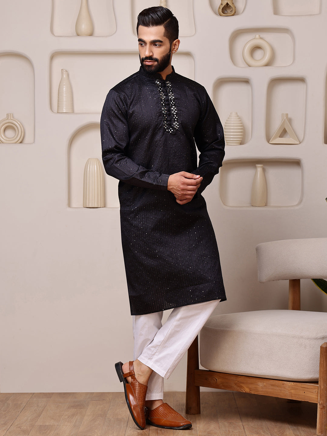 Black Jacquard Kurta with Mirror Work
