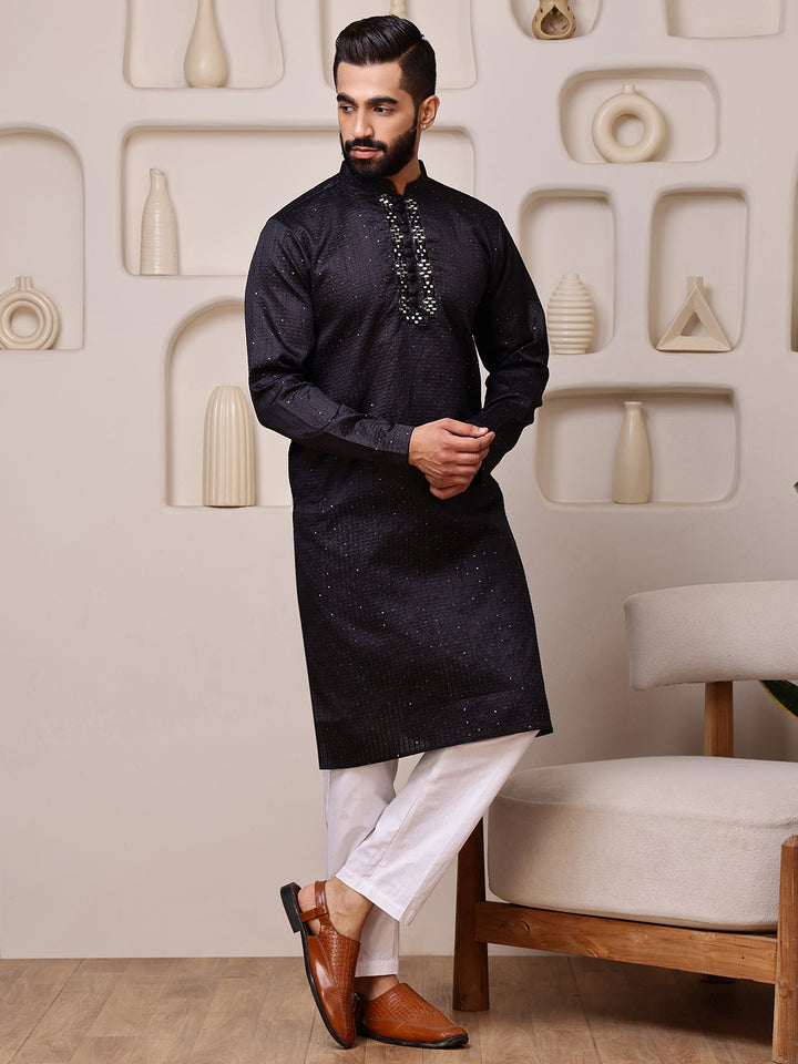 Black Jacquard Kurta with Mirror Work
