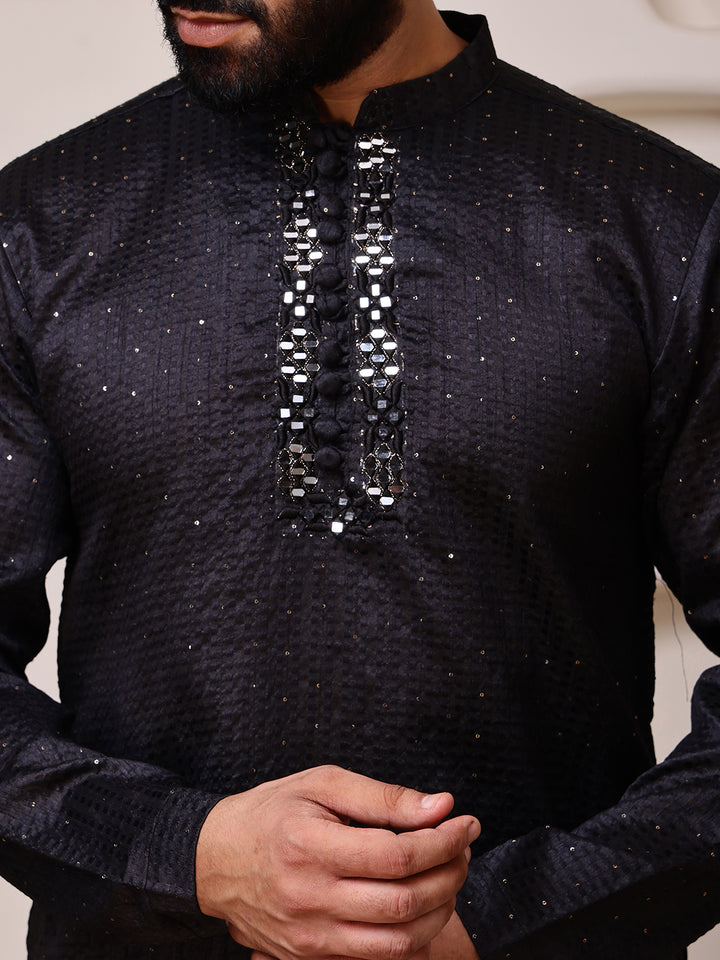 Black Jacquard Kurta with Mirror Work