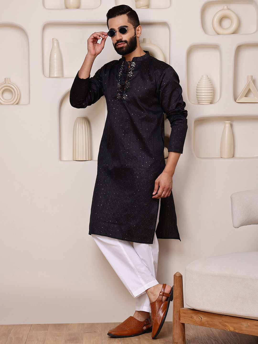 Black Jacquard Kurta with Mirror Work