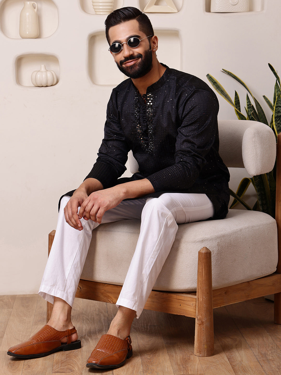 Black Jacquard Kurta with Mirror Work