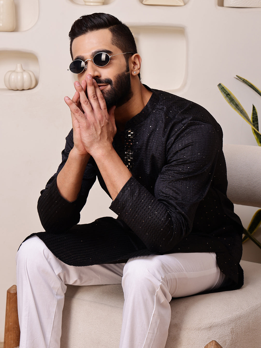 Black Jacquard Kurta with Mirror Work