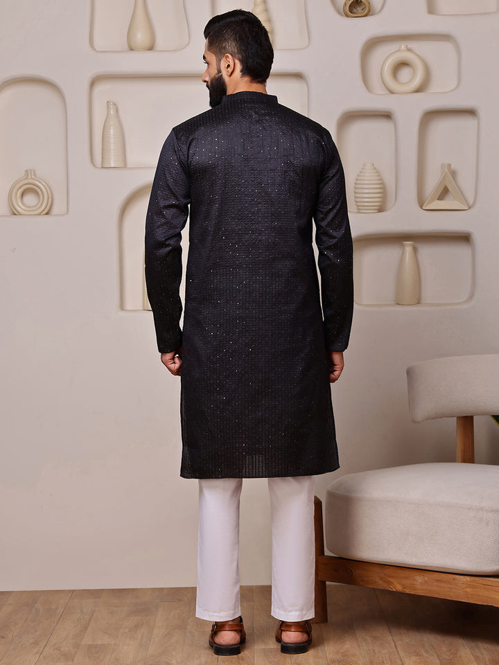 Black Jacquard Kurta with Mirror Work