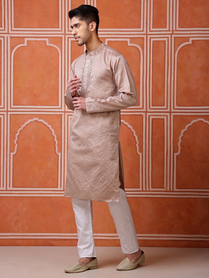 Brown Jacquard Kurta with Mirror Work