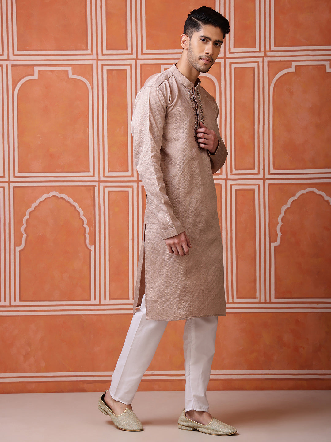 Brown Jacquard Kurta with Mirror Work