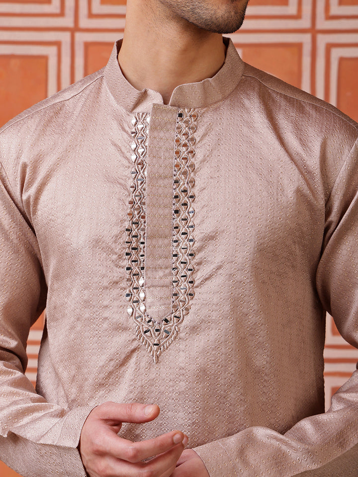 Brown Jacquard Kurta with Mirror Work