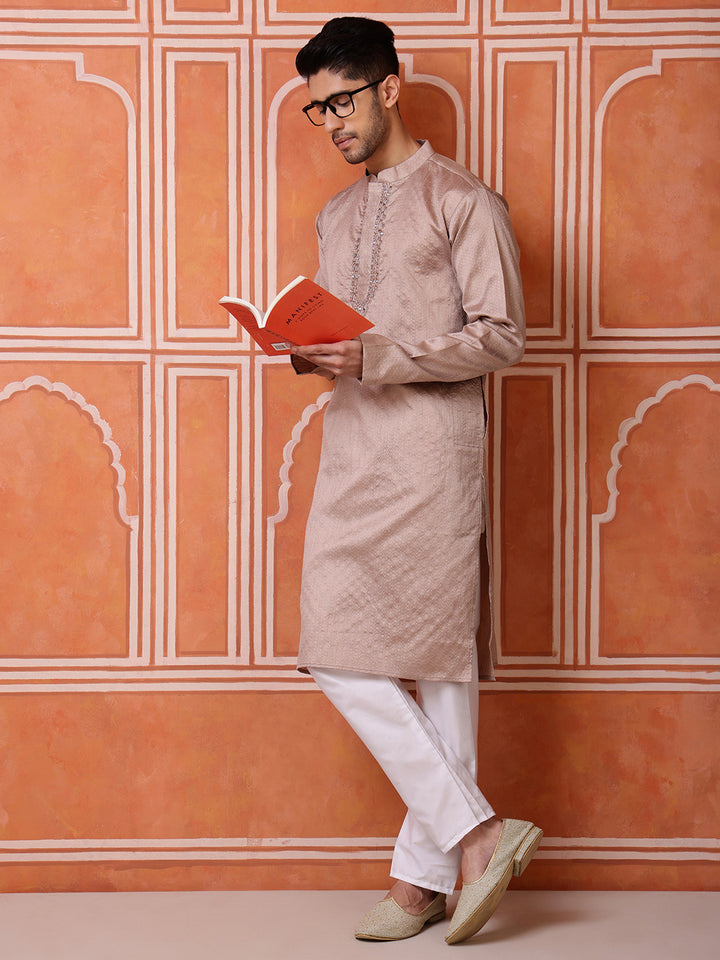 Brown Jacquard Kurta with Mirror Work
