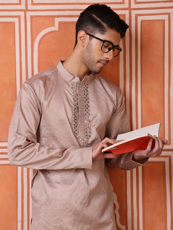 Brown Jacquard Kurta with Mirror Work