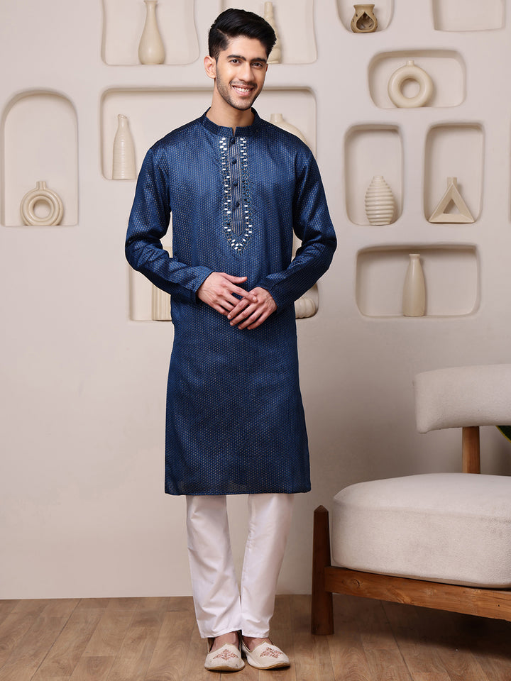 Blue Jacquard Kurta with Mirror Work