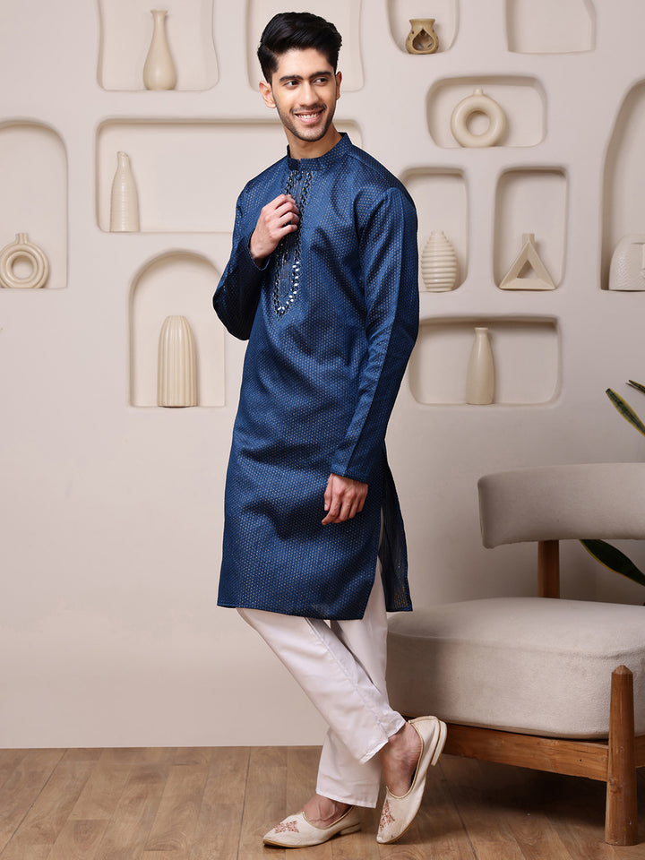 Blue Jacquard Kurta with Mirror Work