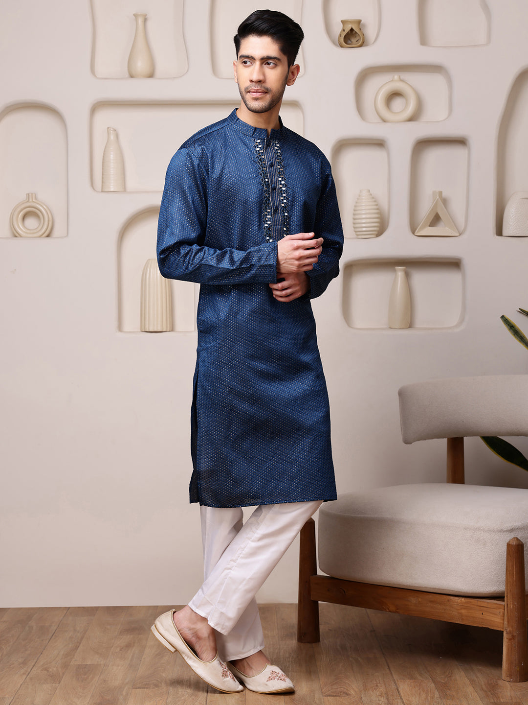 Blue Jacquard Kurta with Mirror Work