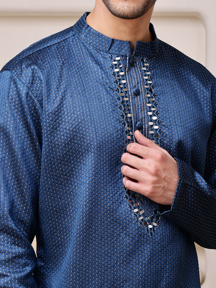Blue Jacquard Kurta with Mirror Work