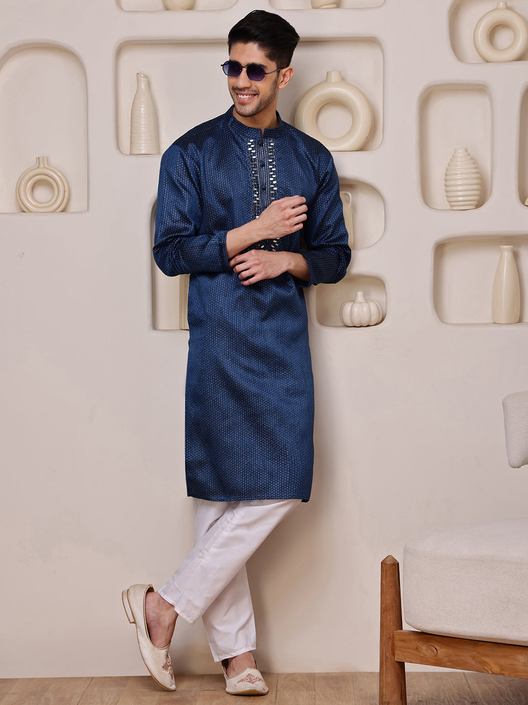 Blue Jacquard Kurta with Mirror Work