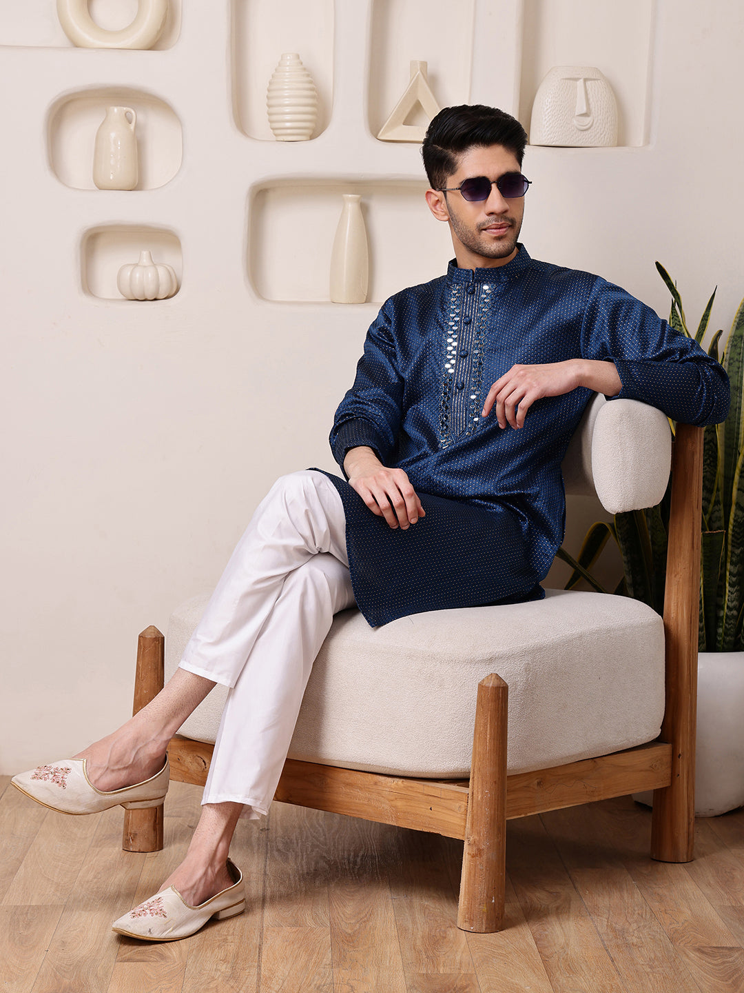 Blue Jacquard Kurta with Mirror Work