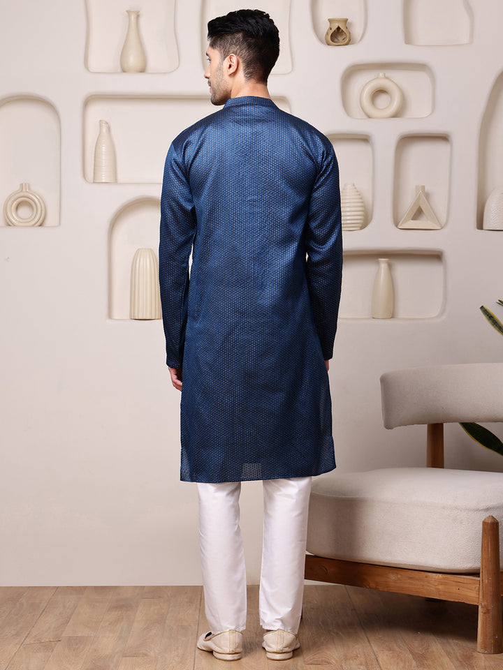 Blue Jacquard Kurta with Mirror Work