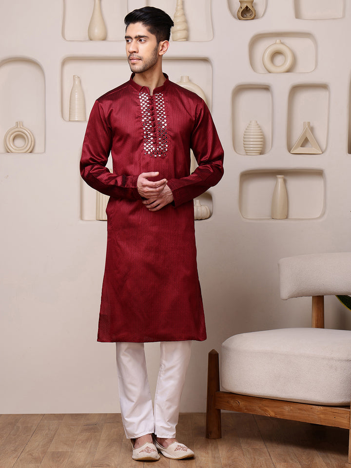 Red Jacquard Kurta with Mirror Work