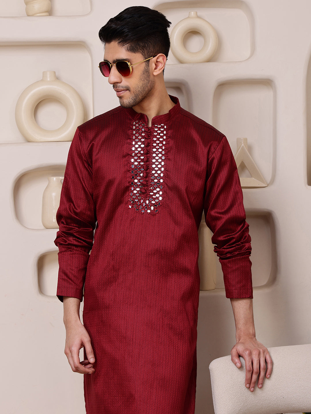 Red Jacquard Kurta with Mirror Work