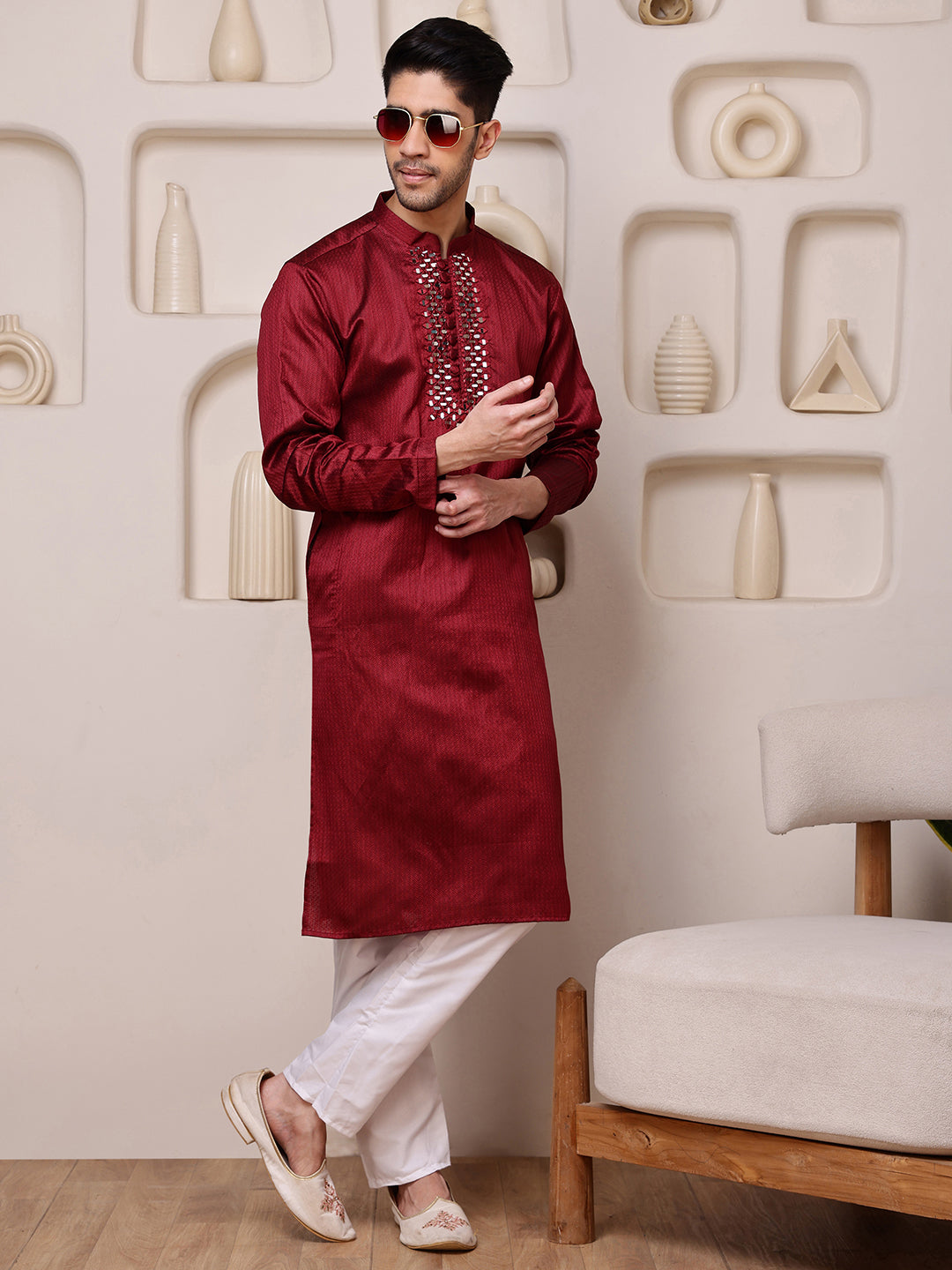 Red Jacquard Kurta with Mirror Work
