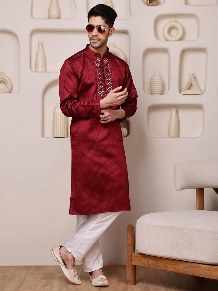 Red Jacquard Kurta with Mirror Work