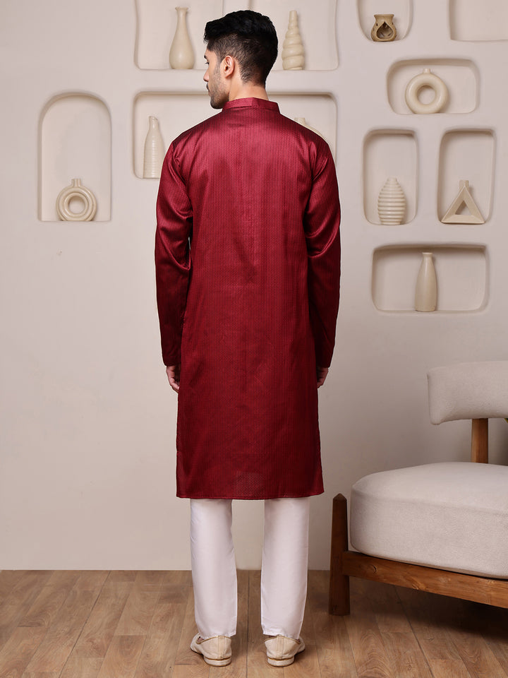 Red Jacquard Kurta with Mirror Work