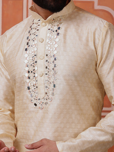 Beige Jacquard Kurta with Mirror Work