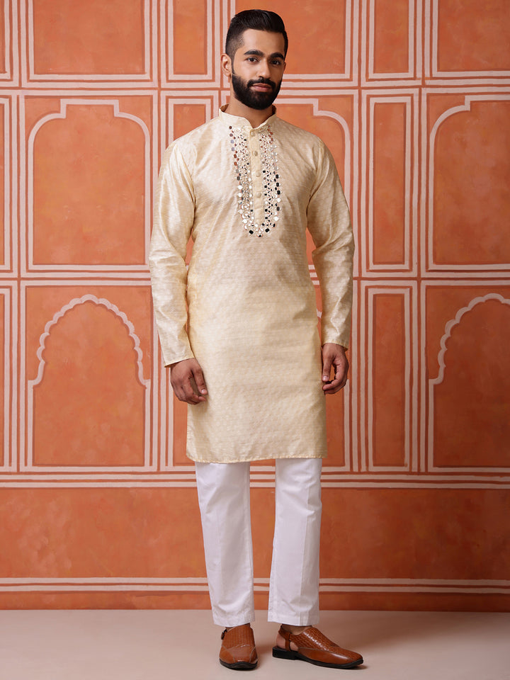 Beige Jacquard Kurta with Mirror Work