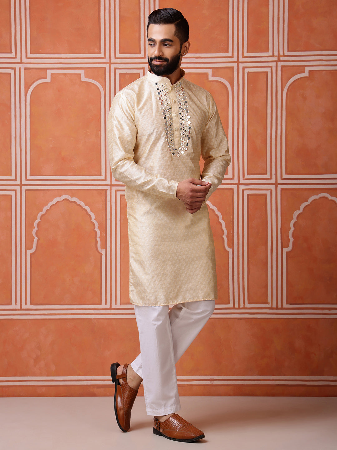 Beige Jacquard Kurta with Mirror Work