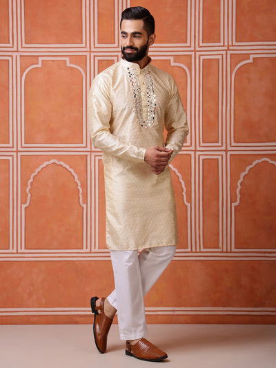 Beige Jacquard Kurta with Mirror Work